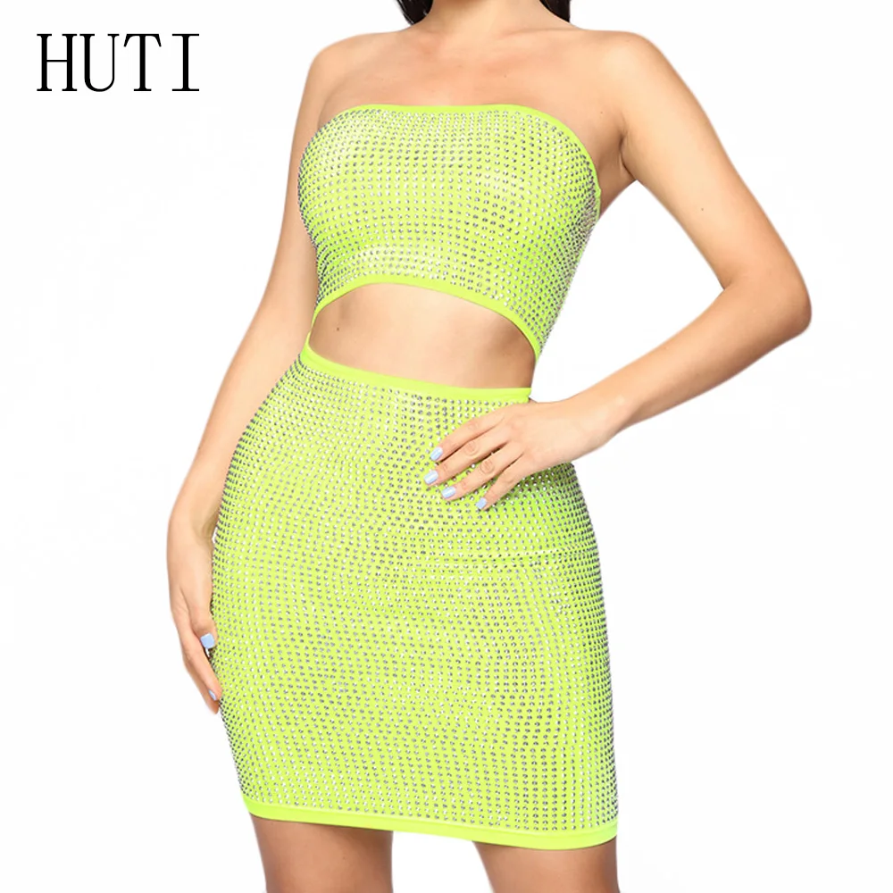 

HUTI Sexy Strapless Backless Bodycon Bling Diamond Mini Dress Off Shoulder Hollow Out Sleeveless Slim Summer Party Dresses