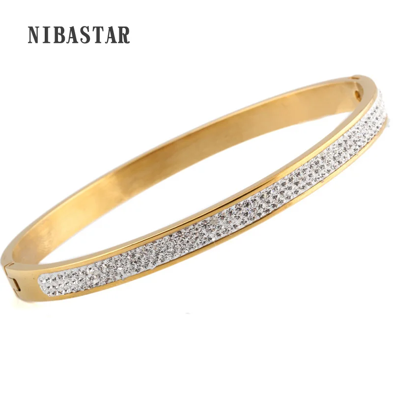 

Gold-Color Stainless Steel Wedding Bangles Jewelry With Good CZ Crystal Beads