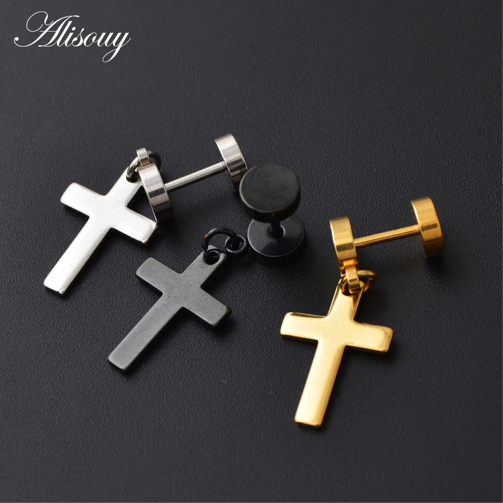 Gold hanging 2024 cross earrings mens