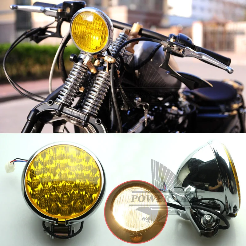 

12V Superbright LED Chrome Head Lamp Round Retro Amber Lens Headlight Universal Fit For Most Motorcycle Harley Cafe Racer Bobber