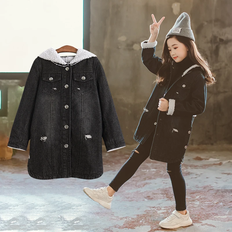 

2018 New Winter Kids Girls Denim Jacket Children Plus Thick Velvet Jacket Big Virgin Warm Coat Cotton Hooded Outwear For Girls