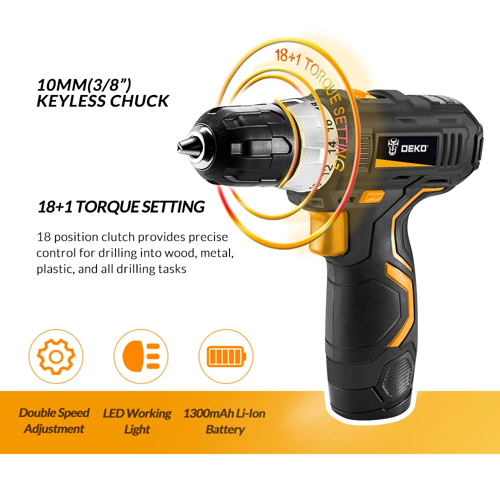  DEKO GCD12DU3 12-Volt Max DC Lithium-Ion Battery 3/8-Inch 2-Speed Electric Cordless Drill Mini Scre