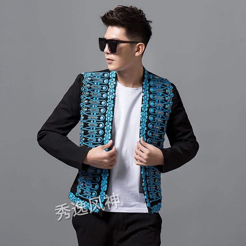 

100%real men luxury sky blue beading black fashion event/stage performance short tuxedo jacket/stage performance/ASIA SIZE