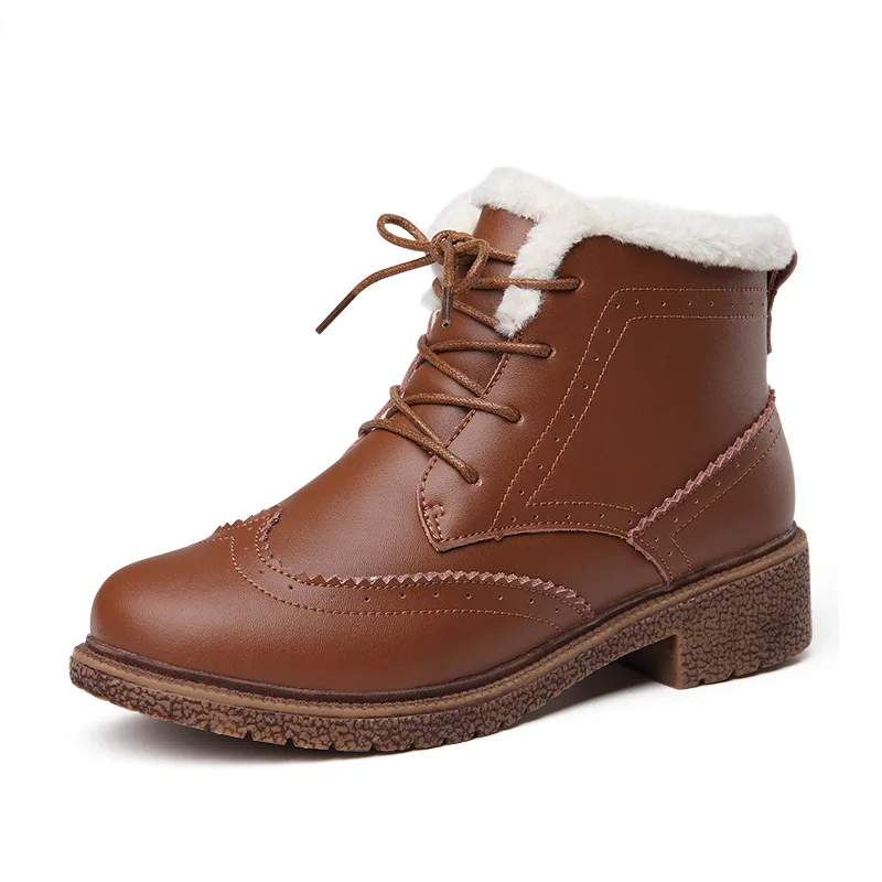 

2018 winter new leather front lace-up boots plush England thick with women's shoes fashion casual women's cotton boots.