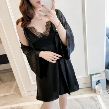 

Deep V-Neck Ladies Nighty&Robe Set Rayon 2PCS Sleepwear NEW Lounge Nightwear Home Clothes Sexy Bride Bridesmaid Dressing Gown