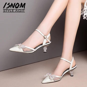 

ISNOM Strange Style Sandals Women 2019 Summer Leather Sandals High Heels Shoes Female Crystal Mesh Pointed Toe Wedding Shoes