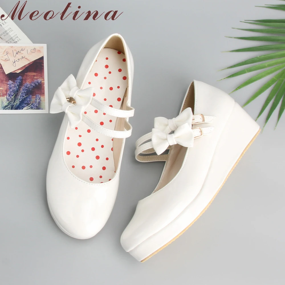 Baratos Meotina tamaño grande 9 10 zapatos de mujer bombas de punta redonda zapatos de plataforma negra de tacón de cuña zapatos de mujer con Lazo Amarillo Blanco