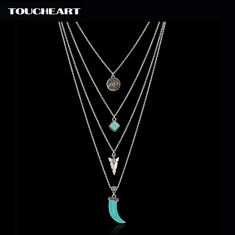 

TOUCHEART New Tibetan Silver Pendant Necklaces Turquoise MultiLayer Body Chain Statement Necklace Vintage Love Jewelry SNE160042