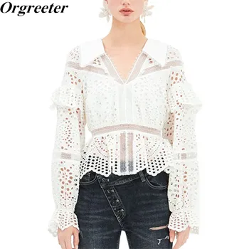 

Womens Shirts Blouse Sexy V-neck Long Sleeve Hollow Out Embroidery White Lace Tops Female 2019 Summer Fall Elegant Fashion