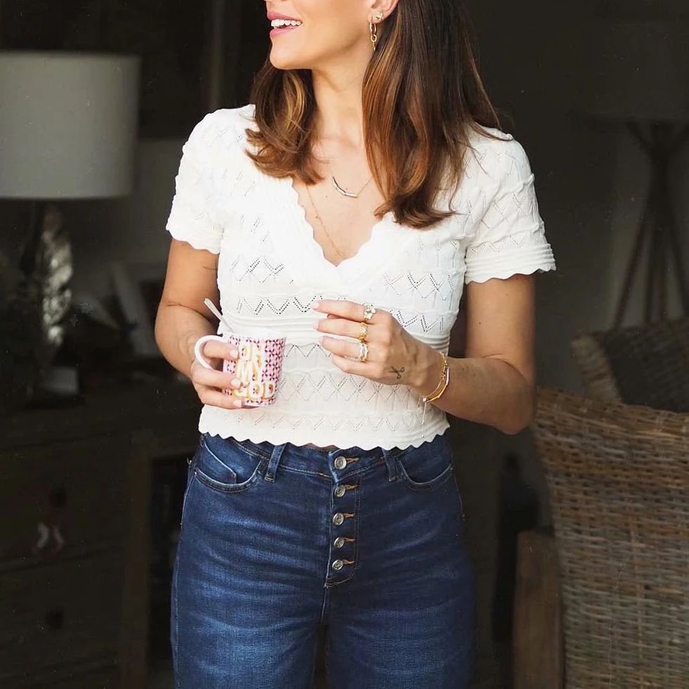 

Women's white short style blouse V neck short sleeve stretchy female casual shirts sweet hollow out black top blusas