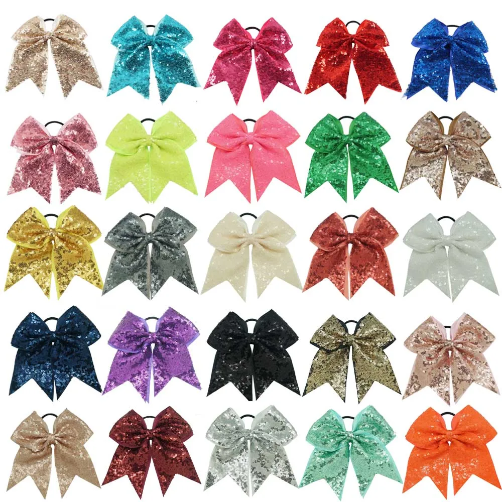7/" Sequin Hair Bow Girls Kid Women Ribbon Cheer Bow Elastic Band Hair Acessories