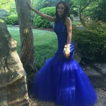 Königsblau Prom Night Kleid Schöne High Neck Open Back Wulstige Spitze Tüll Meerjungfrau Abendgesellschaft Kleider
