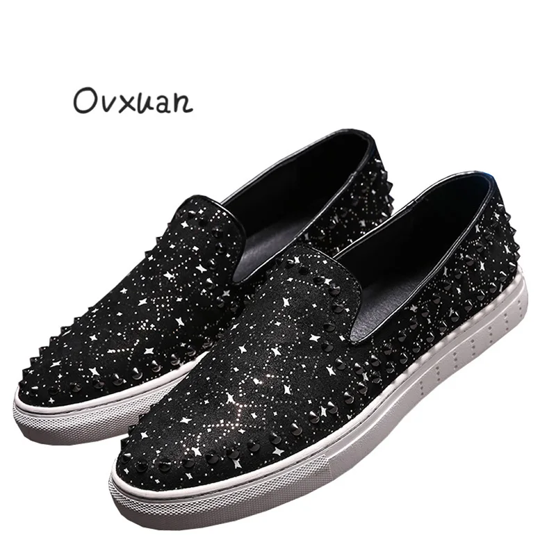 

Ovxuan Starry Sky Totem Leather Loafers for men Fashion Party and Banquet Male Dress Flats Shoes Rivets Casual Street Men Shoes