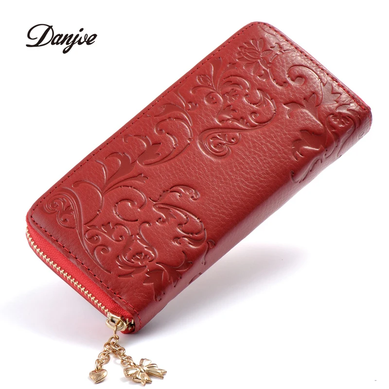 DANJUE Fashion Genuine Leather Women purse Zipper Around wallet Flower pattern female Long real cowhide Wallets Bags Handbags