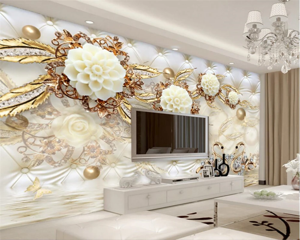 Beibehang Wall paper luxury gold white flowers soft bag ball jewelry background wallpaper home decoration living room wallpaper