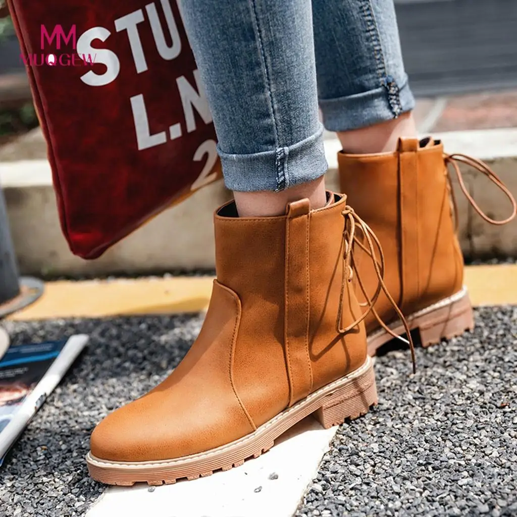 MUQGEW New Women Boots Fashion Solid Med Thick Ankle Short Boots Round
