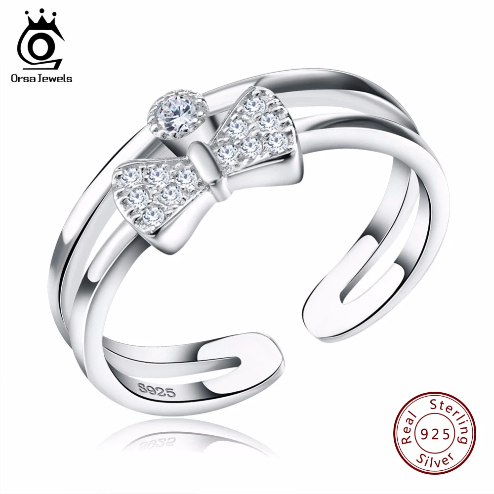 ORSA JEWELS Luxury Cubic Zircon Bow Design Sterling Silver 925 resliable Rings Finger Fashion CZ Women Jewelry Adjustable SR17