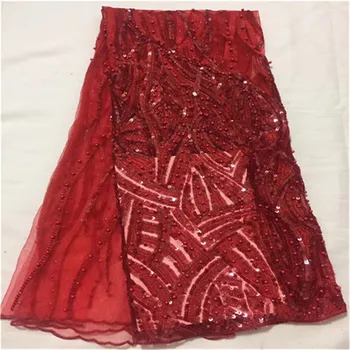 

Red African Beads French Tulle Lace Fabric High Quality Dubai Embroidery Lace Nigerian French Cord Lace With Sequin