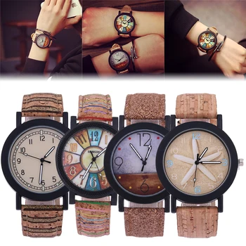 

Top brand Men's Women Bamboo Wooden Simple Quartz Watch PU Leather Strap Wristwatch Starfish Colorful Turntable Hour Watch Gift