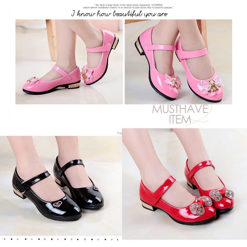 Girls white dress shoes models bowknot princess shoes leather Korean students 3 color baby leather for children 26-36