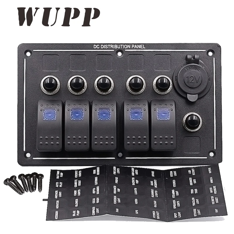 

WUPP Panel Switch Waterproof Car Switches 5 Gang Led Marine Boat Switch Panel Cigarette Light Socket High Quality Free Shipping