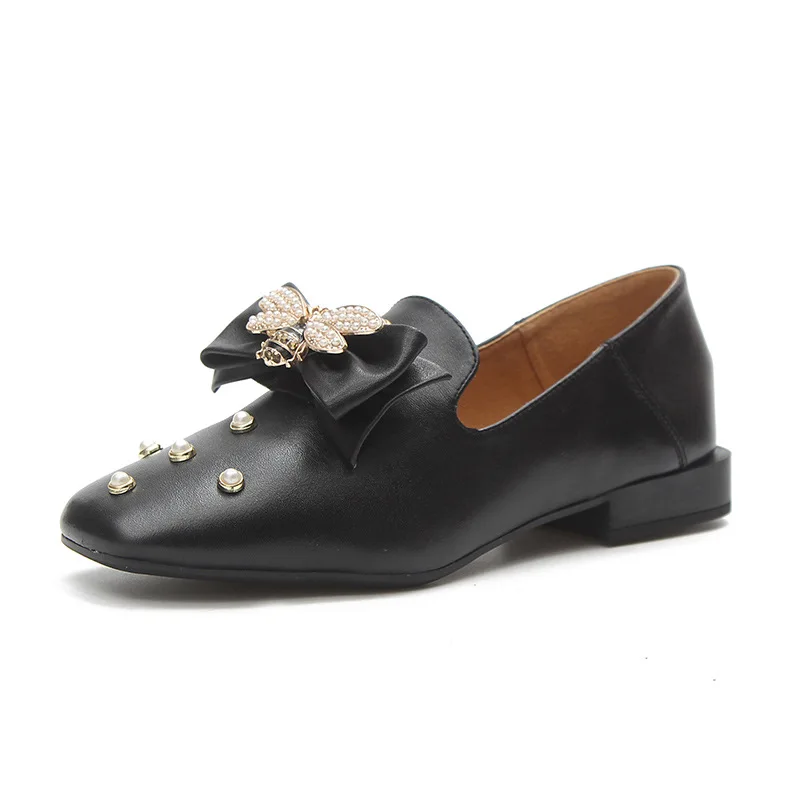 Abeille Doux Cuir 3cm Vache Bowknot De Pump1 Femmes Faible Nouveautés Beige 2018 Élégant noir Carré Chaussures Talons Cristal En Rétro n7SYqw8W