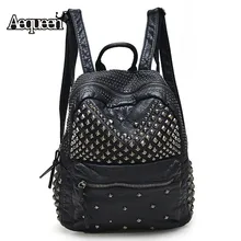 Aequeen женщины площадь bookbag рюкзаки с заклепки женская сумка промывают кожа рюкзак дамы школьные сумки
