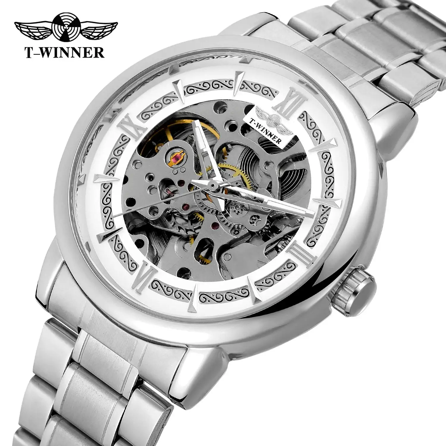 Победитель топ модный бренд повседневное для мужчин механические бизнес синий полный Нержавеющая сталь Тонкий Скелет циферблат - Цвет: Silver-White