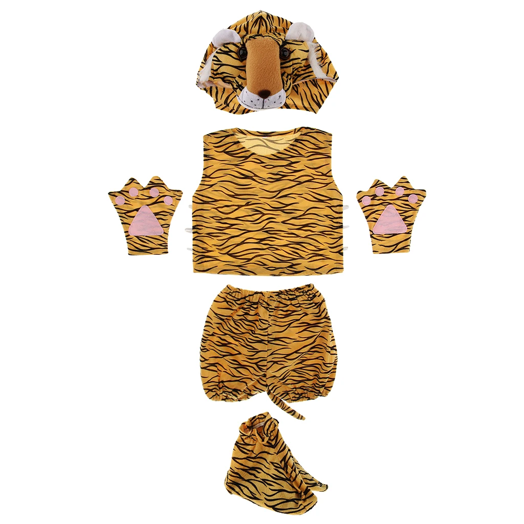 Kids Animal Costume Set Tiger Hat Top Shorts Gloves Shoes Party Halloween