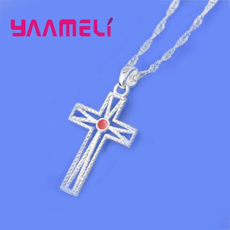 

925 Sterling Silver Classic Men Women Cross Pendant Necklace Embellished With Red Crystal Round Wedding Halloween Gift