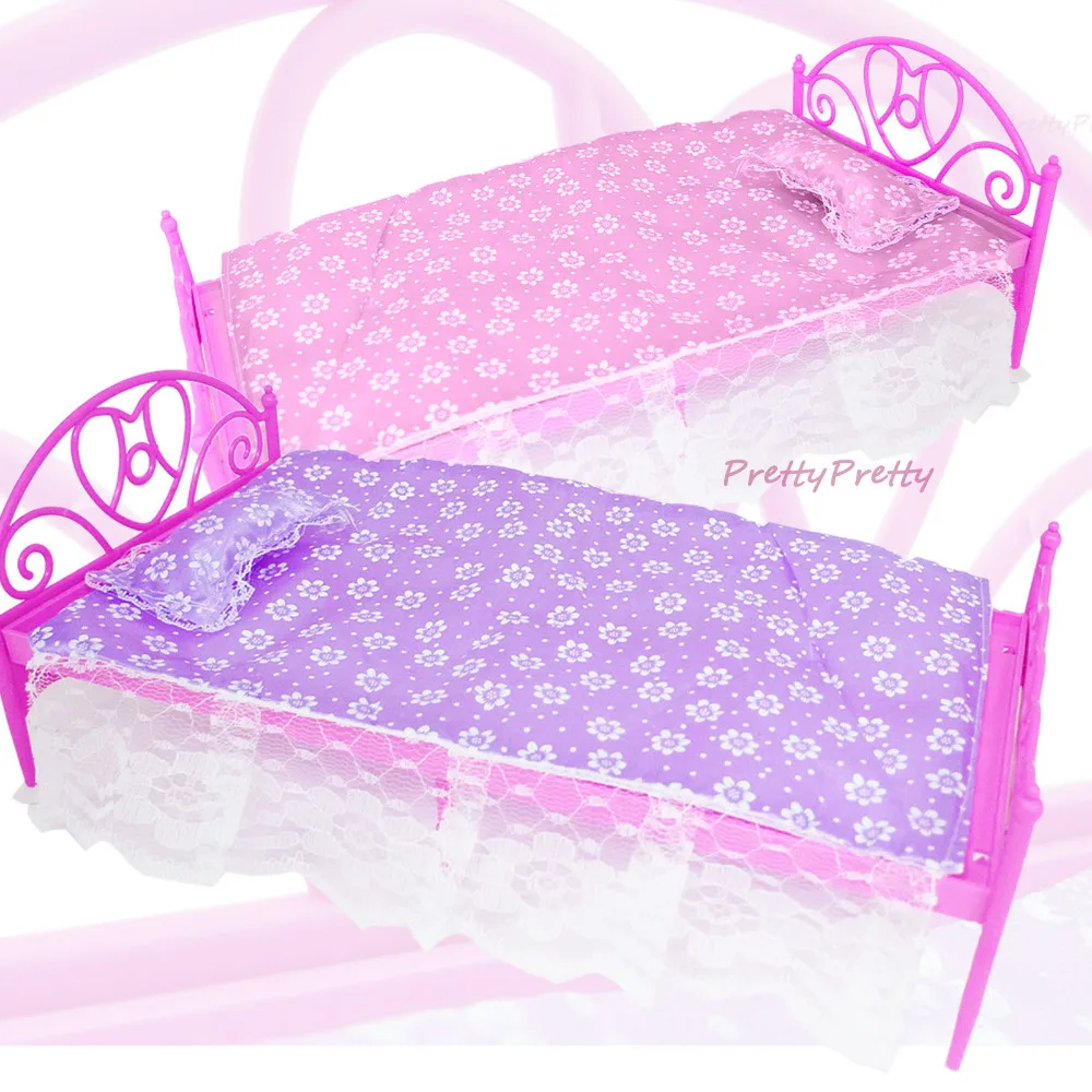 Two Sets Pink Purple Mini Bed With Pillow For Barbie Doll Bedroom Furniture Dollhouse Life Accessories