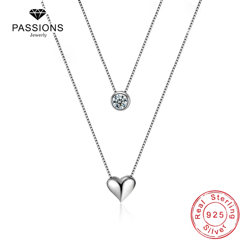 Velkoobchodní šperky 925 Sterling Silver Dvouvrstvé Kroužkové kroužky Náhrdelník CZ Láska srdce Náhrdelník pro ženy