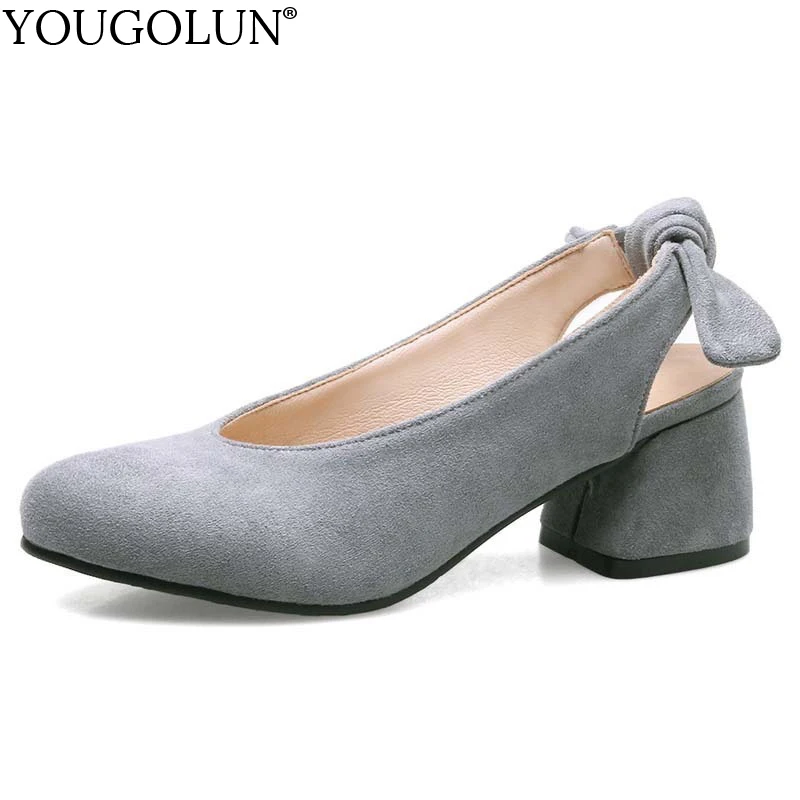 

YOUGOLUN Women Slingbacks Pumps Summer Flock Woman Thick Heel 5cm Mid Heels Gray Black Round toe Bowknot Lady Party Shoes #A-046