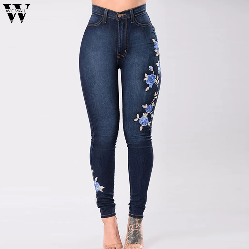 Womail Pure Color Jeans Women's Casual Skinny Embroidered Straight