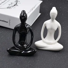 Black White Women Sculpture Zen Yoga Ornament Ceramic Statue Miniature Home Decorative Figurine