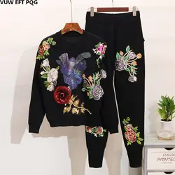 Зимний новый модный Женский вязаный комплект с вышивкой бабочки цветок свободный свитер с длинными рукавами + брюки костюмы спортивный