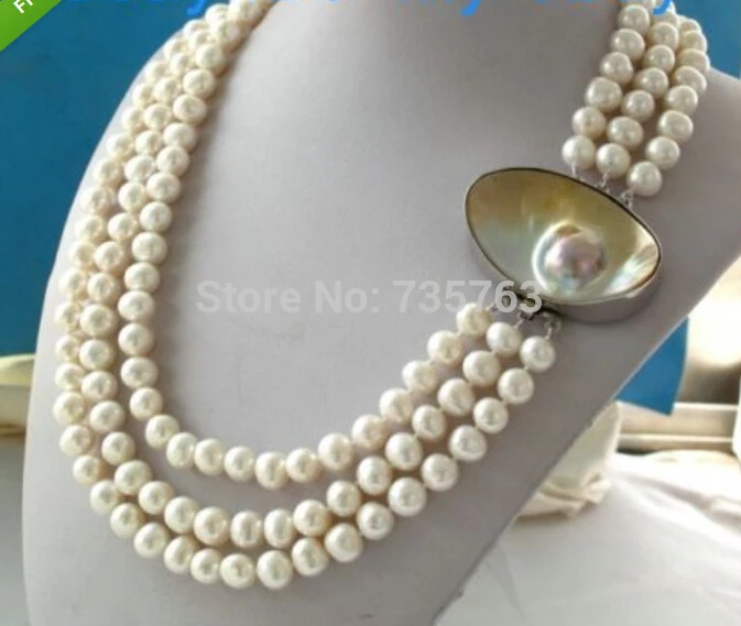 

xiuli 0014307 3Strands White Freshwater Pearl Necklace Big Mabe Blister Clasp