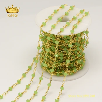 

5meter Sunmmer Fashion Chains Jewelry,3x4mm Fruit Green Glass Faceted Rondelle Beads Chains Wire Wrapped Plated Gold Copper KS53