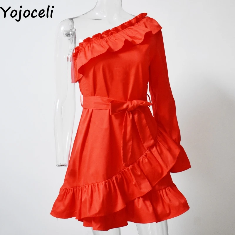 Yojoceli, сексуальное короткое платье с рюшами и бантом, женские элегантные вечерние пляжные платья на одно плечо, женское повседневное милое летнее платье vestidos - Цвет: Красный