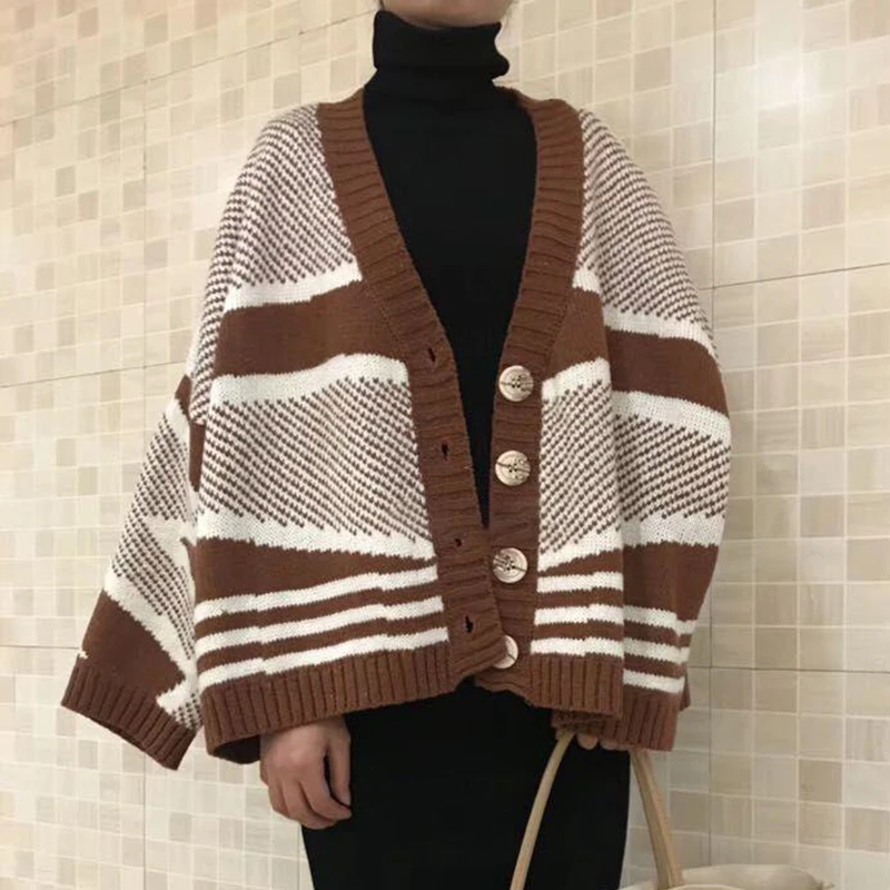 TWOTWINSTYLE корейский женский свитер с v-образным вырезом и длинным рукавом геометрический женский вязанный кардиган плюс толстый Осенняя корейская мода