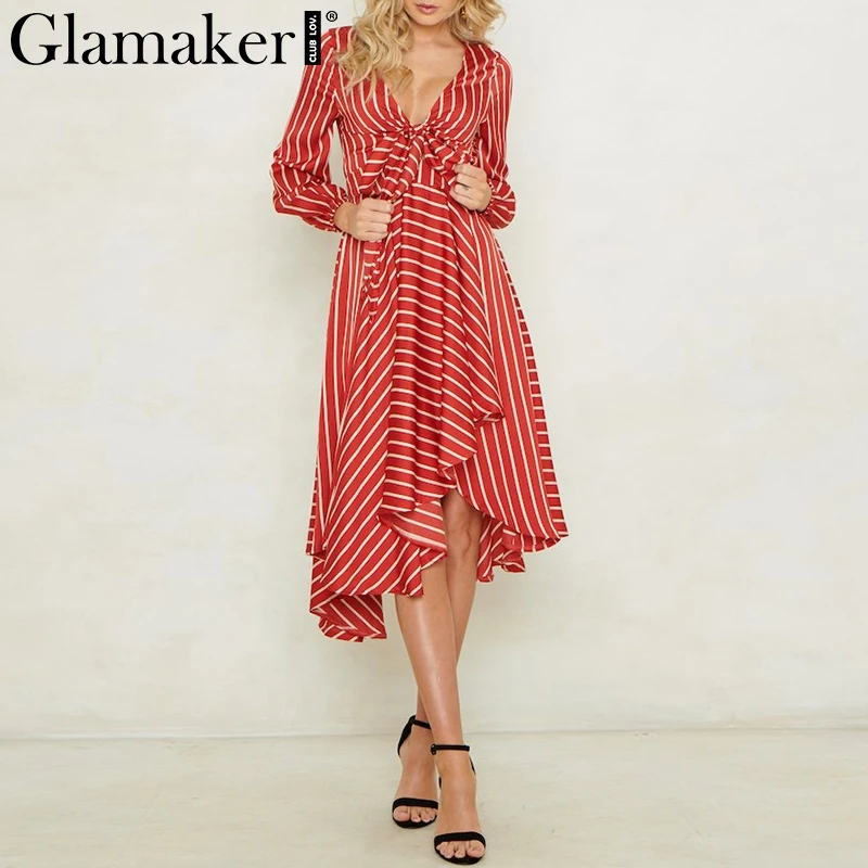 Женское платье-миди с разрезом Glamaker Полосатое короткое вечернее платье