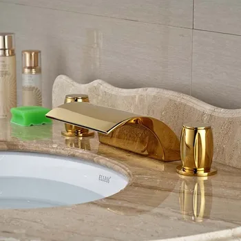 

Luxury Golden Brass Roman Waterfall Bathroom Basin Faucet Dual Handle Mixer Tap
