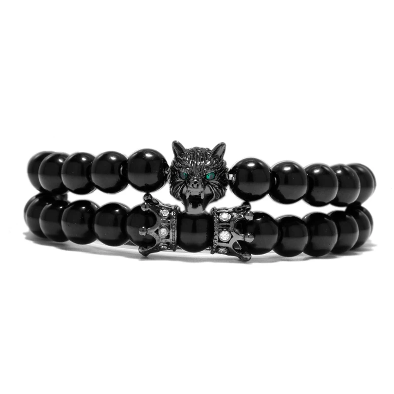 Модные наборы браслетов с изображением волка в стиле панк, черный натуральный камень, корона, браслет для пары, мужские ювелирные изделия, Pulseira Homme