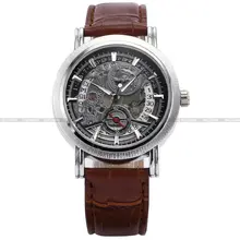 Brand New Black Silver Dial Automatic Waterproof Skeleton Analog Brown Leather Casual Dress Wrist Men’s Mechanical Watch/ PMW044