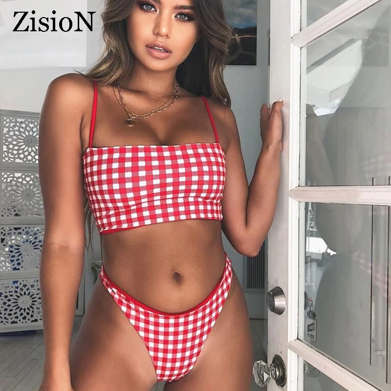 Zision сексуальный комплект бикини Для женщин женский купальник в клетку Бразильский бикини со стрингами Двойка ванный комплект бикини с подкладками