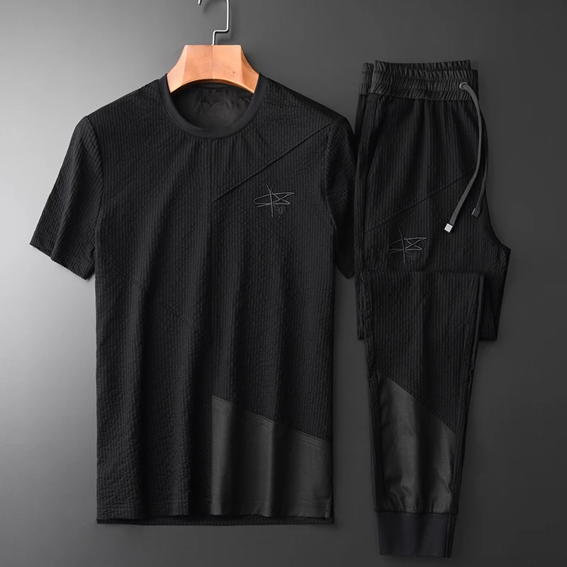 Minglu/черные мужские комплекты(футболка+ штаны), роскошные мужские комплекты с вышивкой и коротким рукавом, большие размеры 4xl, летние мужские комплекты в Вертикальную Полоску
