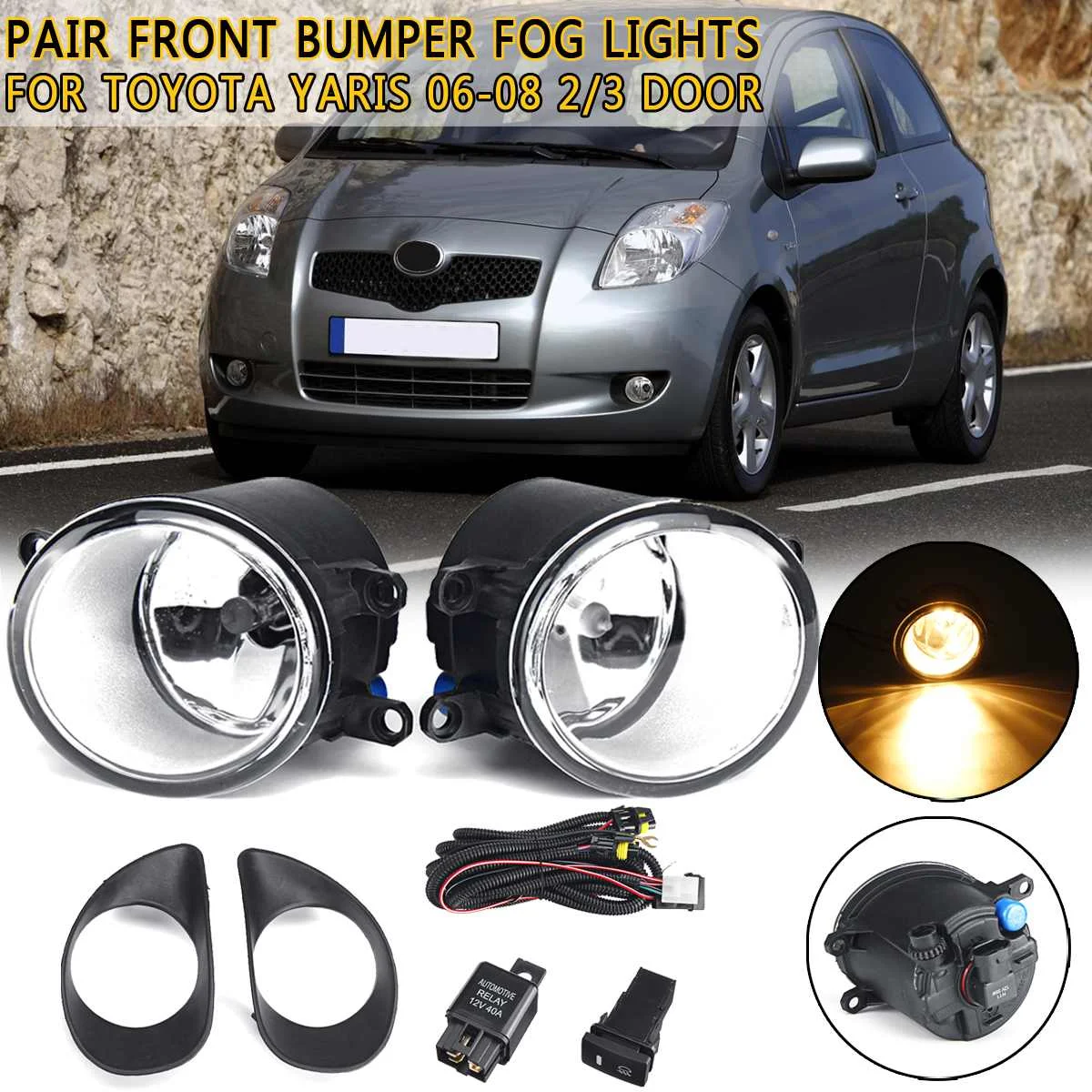 1Pair Fog light Fog Lamp Assembly Yellow Front Bumper with wiring harness For Toyota for yaris 2-3 door 2006 2007 2008