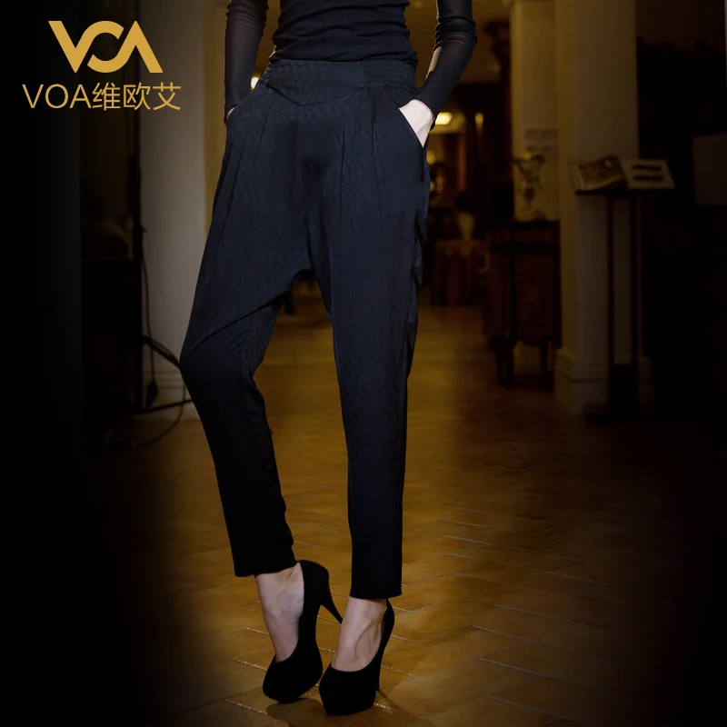 Voa women's silk pants plus size black silk long trousers summer