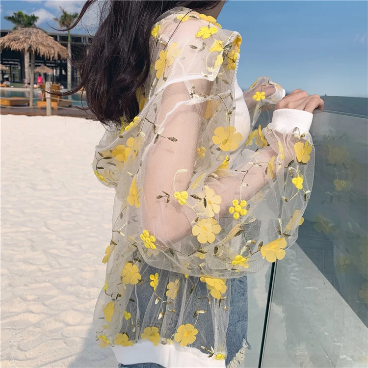 Летняя Пляжная блуза в Корейском стиле, Женский сетчатый топ, сказочный милый цветочный кардиган с длинными рукавами для девочек-подростков, желтый кардиган, рубашки розового цвета
