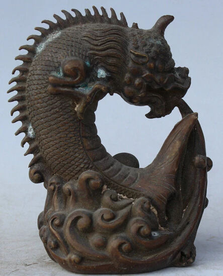 

167@g++6" Old Chinese Folk Bronze Dragon Fish Barracuda Unciorn Beast Statue Sculpture